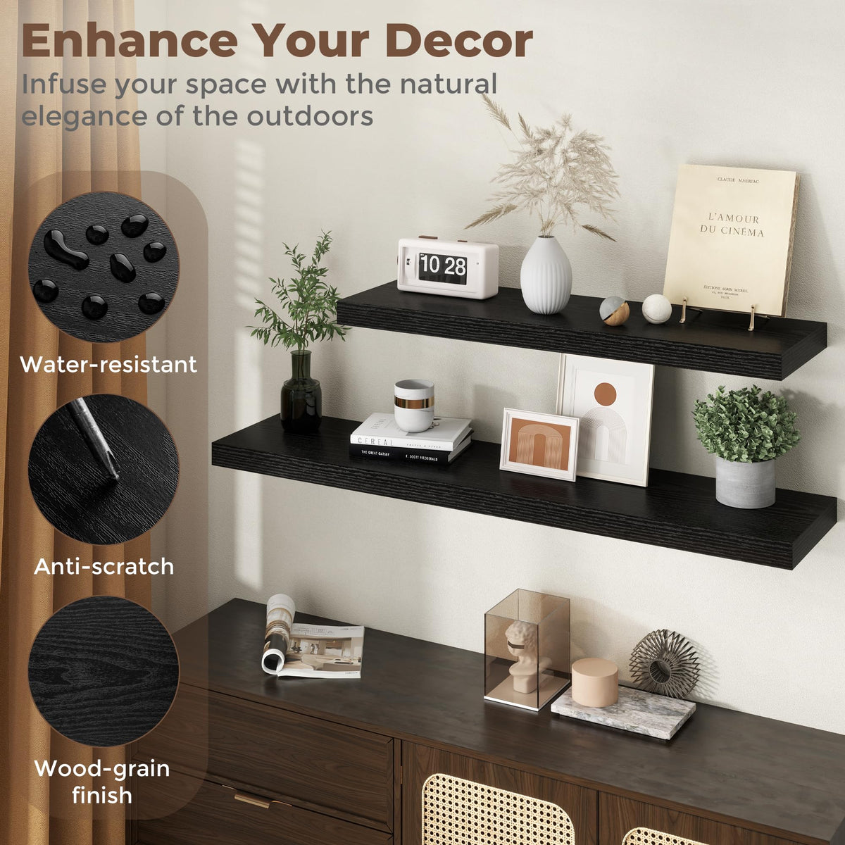 36 Inch Black Floating Shelves for Wall, 12 Inch Deep Shelves |Kitchen|Bedroom, Wall Mounted Rustic Wood Floating