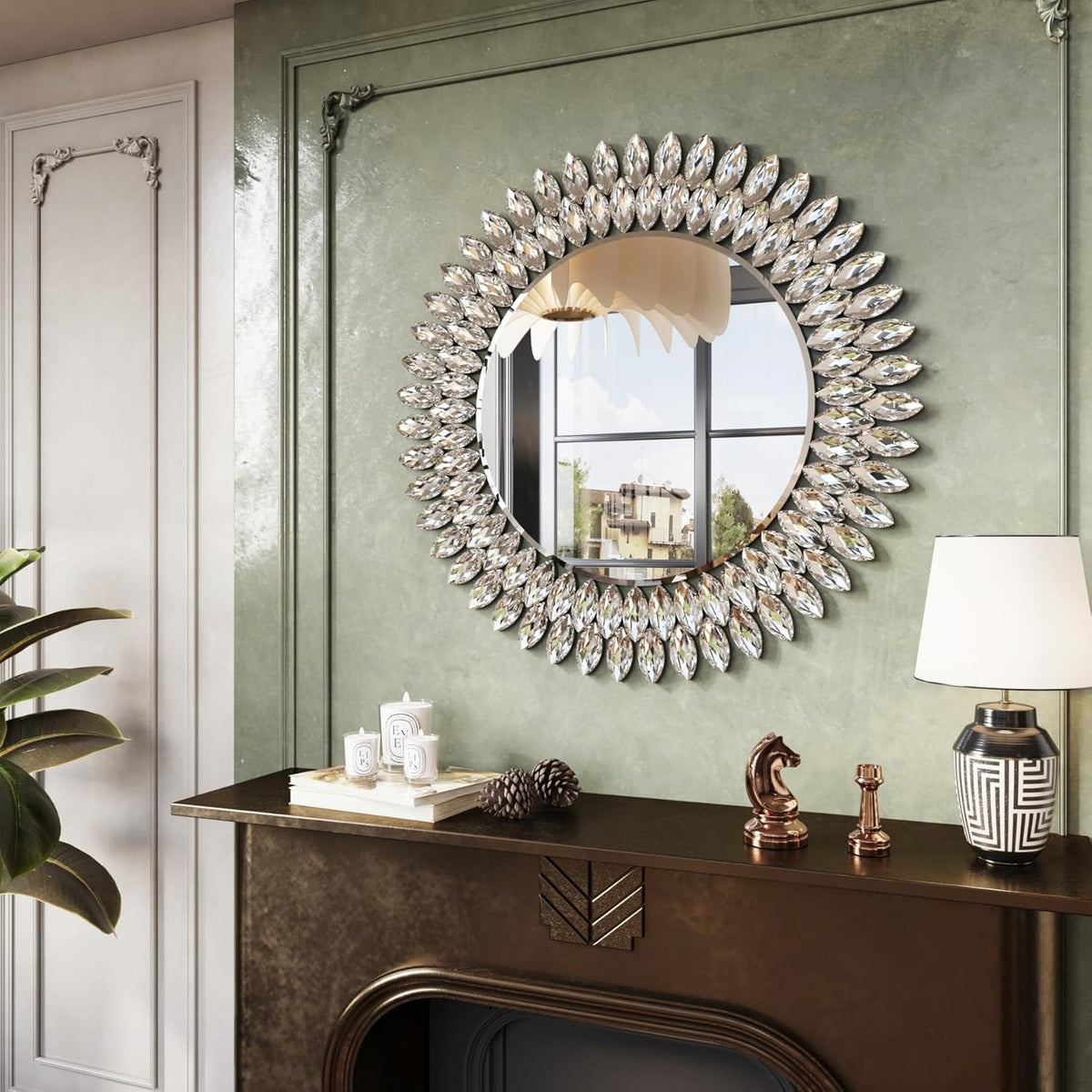 Round Jeweled Mirror for Wall Decor, 26 in Modern Decorative Wall Mirror with Luxury Diamonds Beveled Vanity Mirror