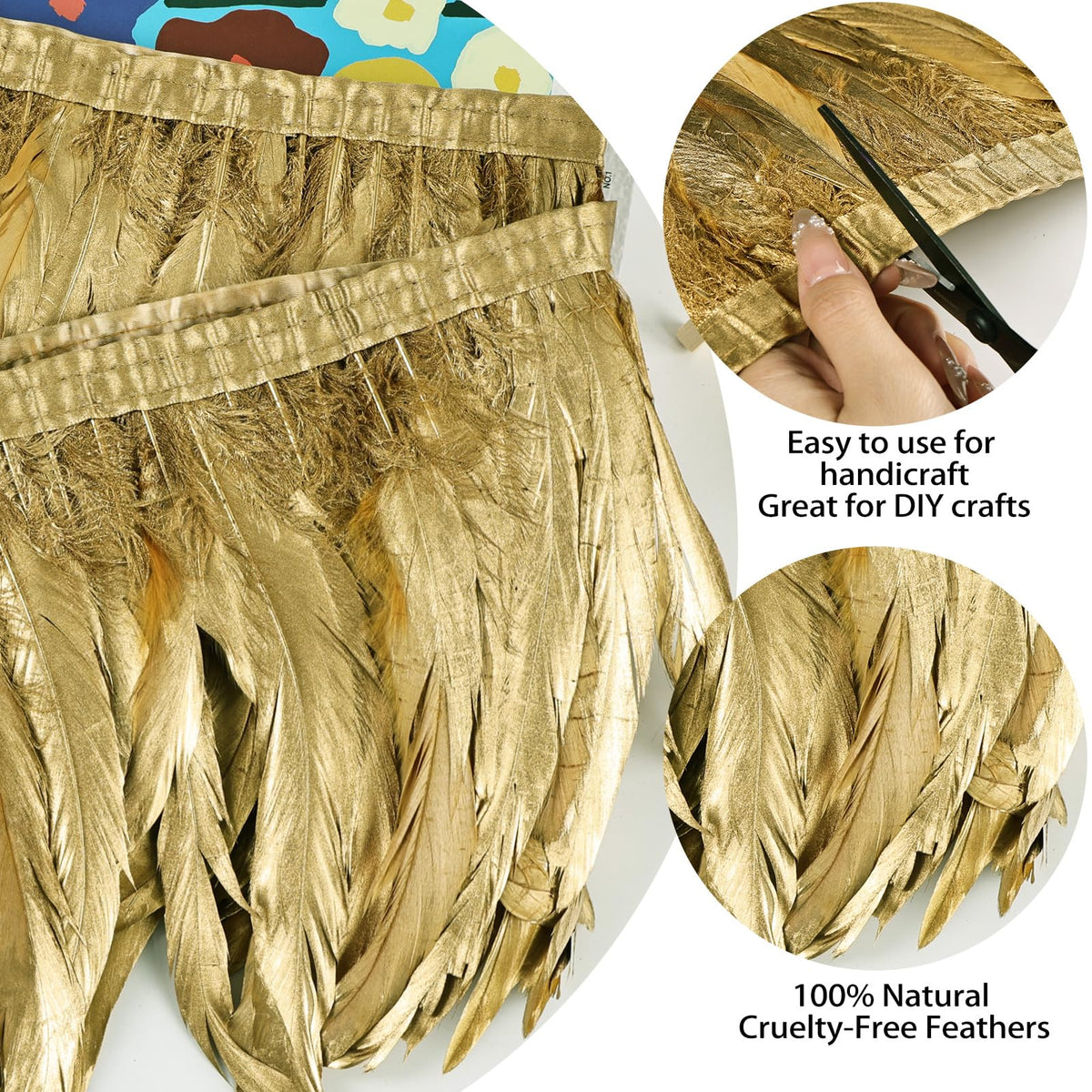 Gold Rooster Fringe Trim 2.15Yard 8-10inch for Feather Shawl Cape,DIY Sewing Craft Clothing Wedding Decoration