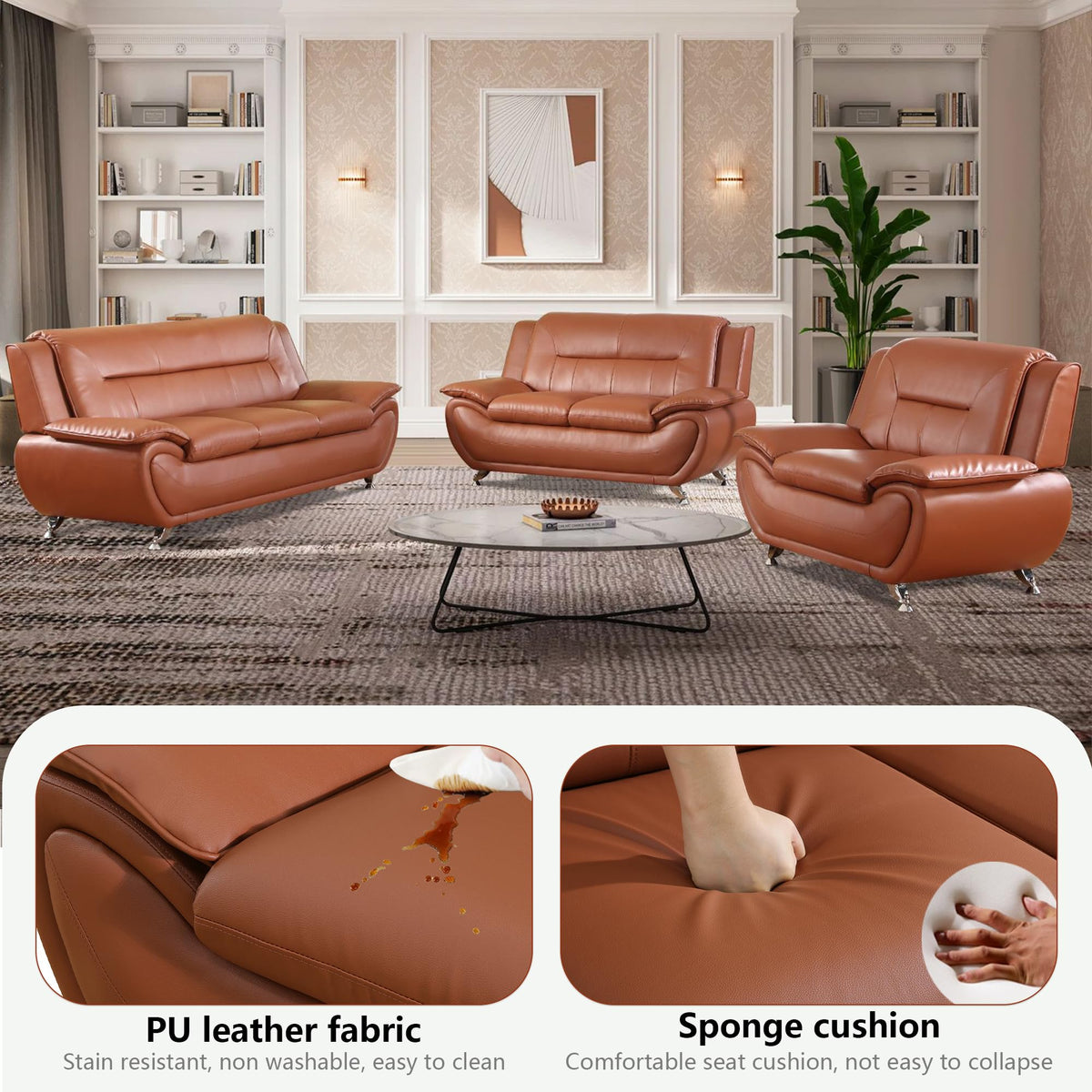 Leather Living Room Sofa Set, Equipped with Metal Leg Support Pillow Top Armrests, Perfect s, Offices, and Lounges