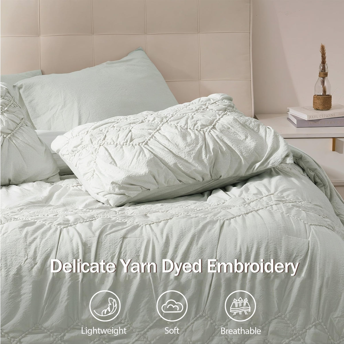 Comforter Set Green, 7-Piece Embroidered, Lightweight