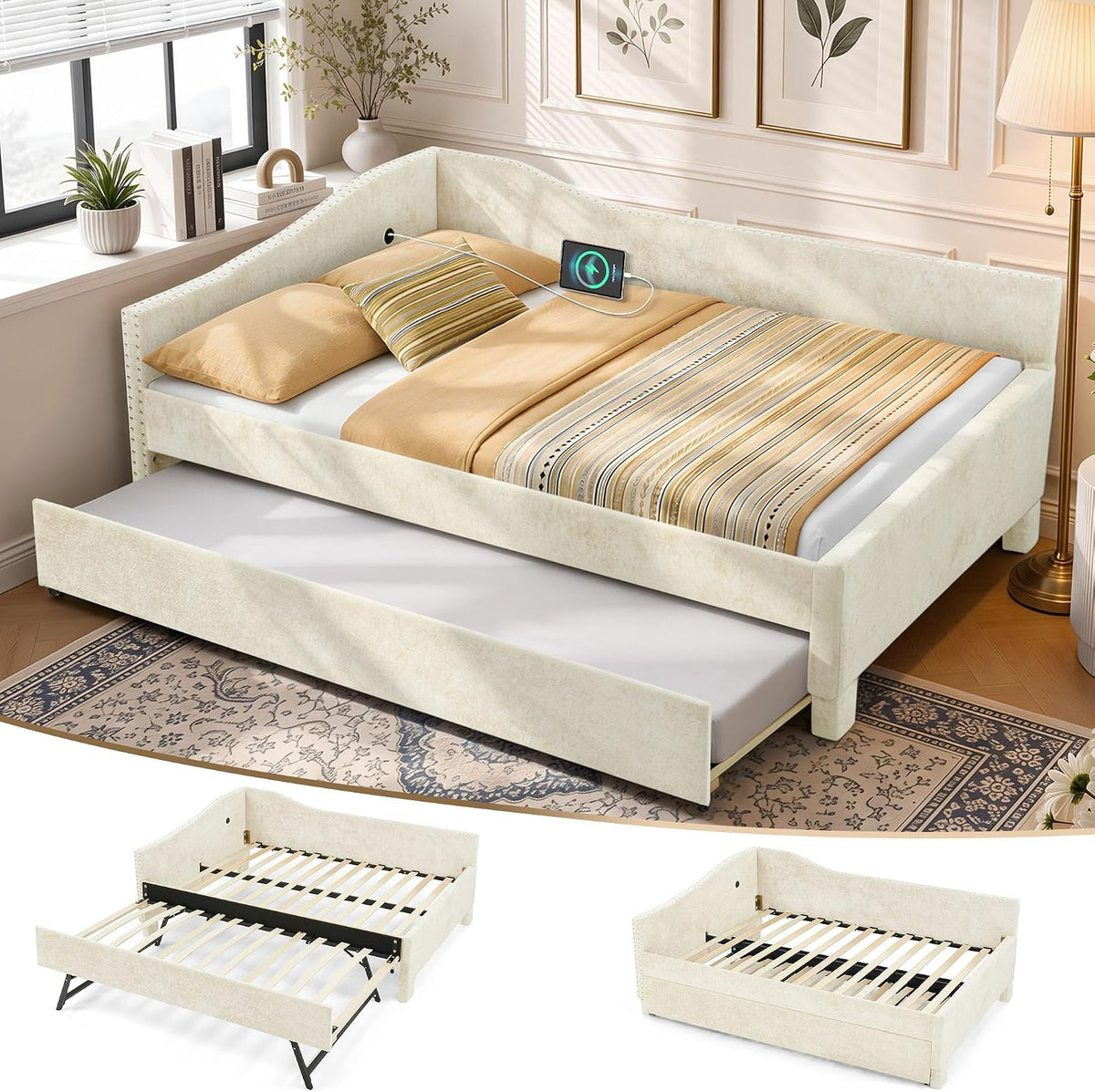 Full Daybed with Pop Up Trundle, Full Size Day Bed Frame, USB Port, Beige | Chenille L-Shaped Corner Bed Frame