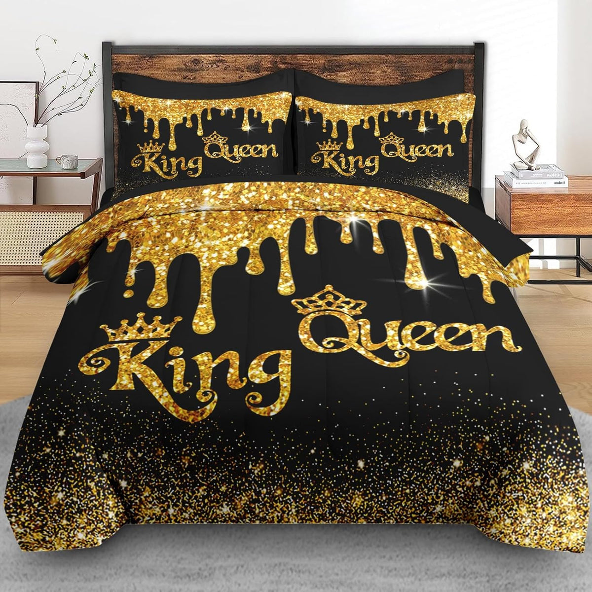 Comforter Set, Black Gold Crown 7 Pcs Bedding for Kids and Adults