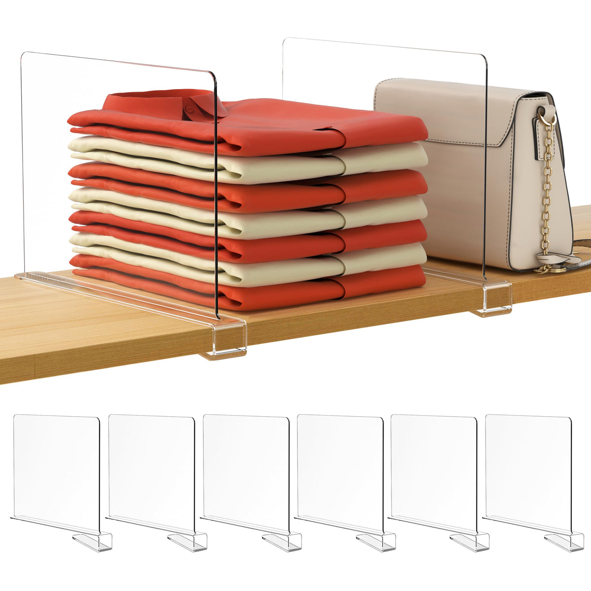 6 Pack Closet Organizers and Storage, Clear Shelf Dividers, Vertical Purse Organizer for Closet Perfect for Sweater