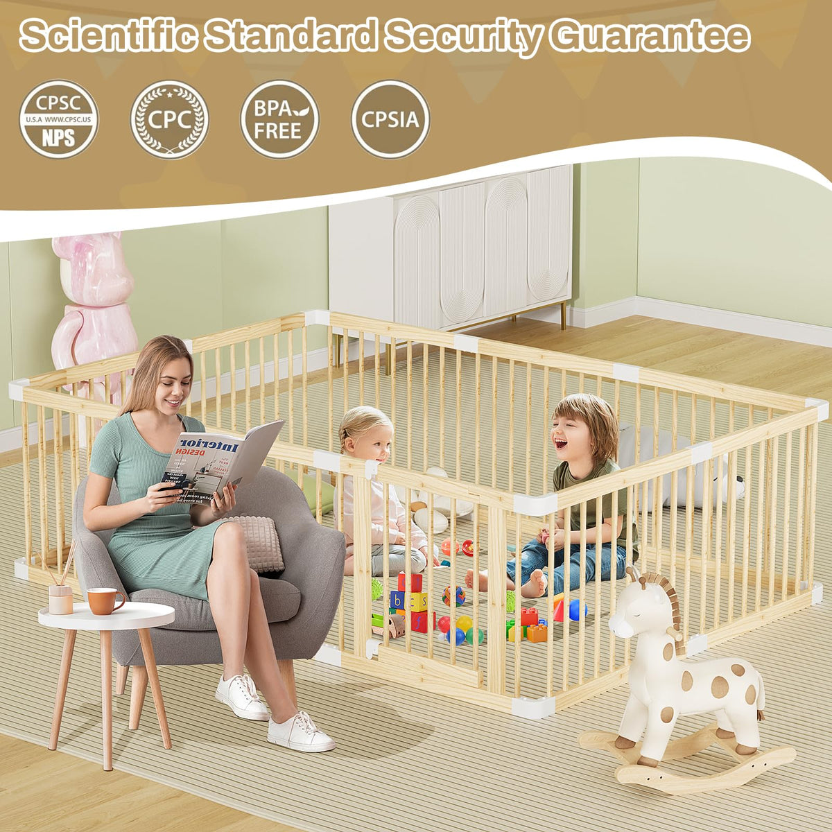 Wooden Baby Playpen, 56x83x24In Gate for Toddler and Babies