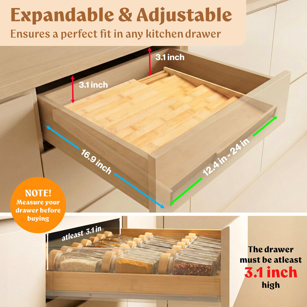 Bamboo Spice Drawer Organizer, Expandable 4 Tier Spice Rack