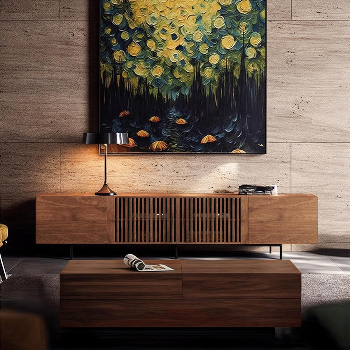 Mid Century Modern TV Stand with 4 Doors, 94.48 Inch Wide Entertainment Center TV Console for Living Room Bedroom