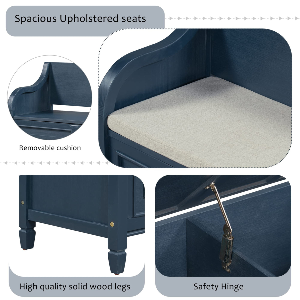42 Inch Rustic Style Storage Bench, Antique Navy and Beige