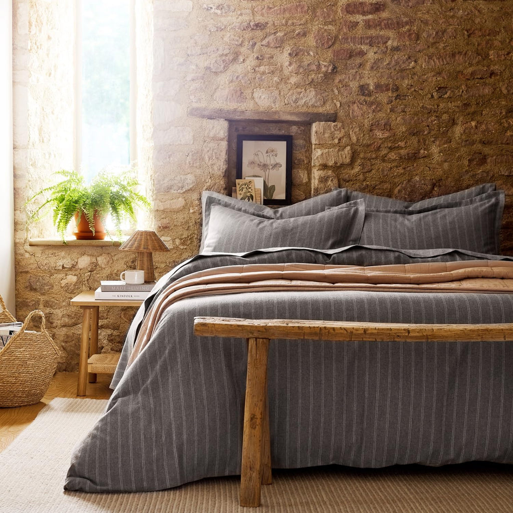 Flannel Stripe Sheet Set Brushed Cotton | Luxury Bed Linen | Super Soft and Silky Finish | Silver Gray