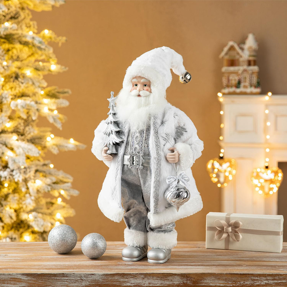 Handmade Christmas Traditional Santa Figurine, 18" H Faux Fur Christmas Frosty Santa Claus with Porcelain Face Xmas