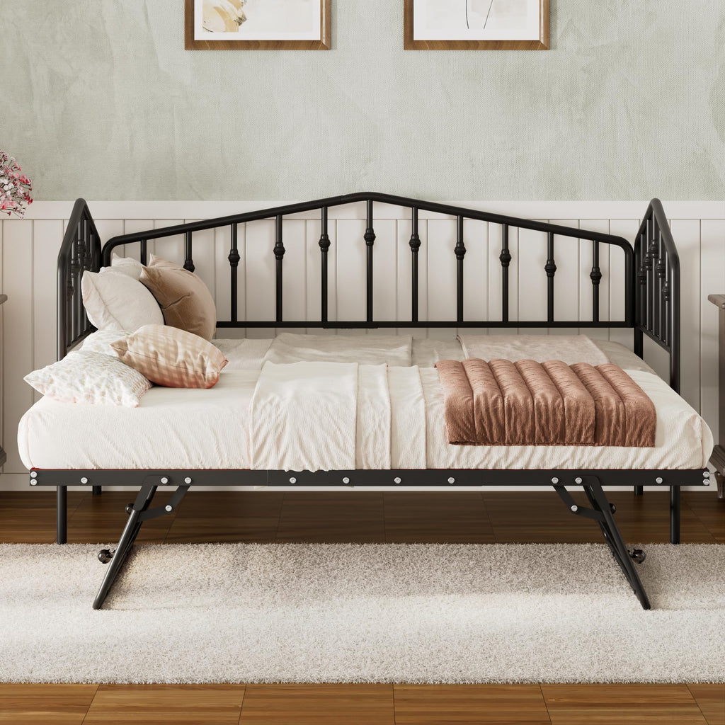 Daybed with Trundle, Metal Daybed with Vintage Headboard, to Extendable Bed Frame, No Box Spring