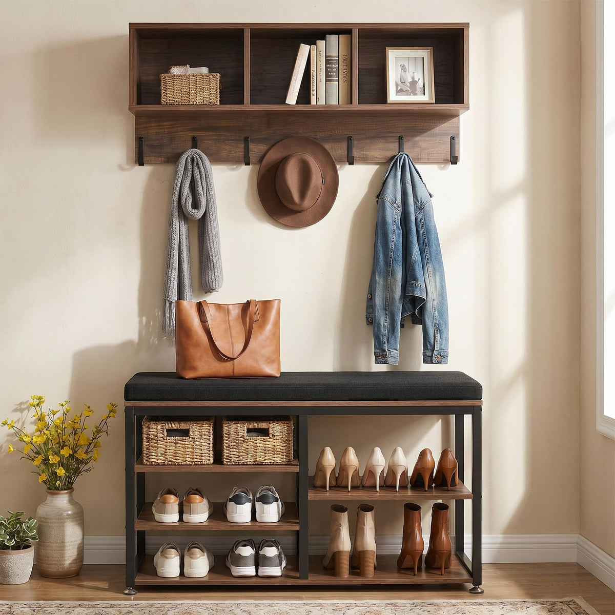 Coat Rack with Shoe Bench, 3-in-1 Shoe Coat Rack Combo Set with Hooks and Bookshelf, Steel Frame Hall Tree Entrance