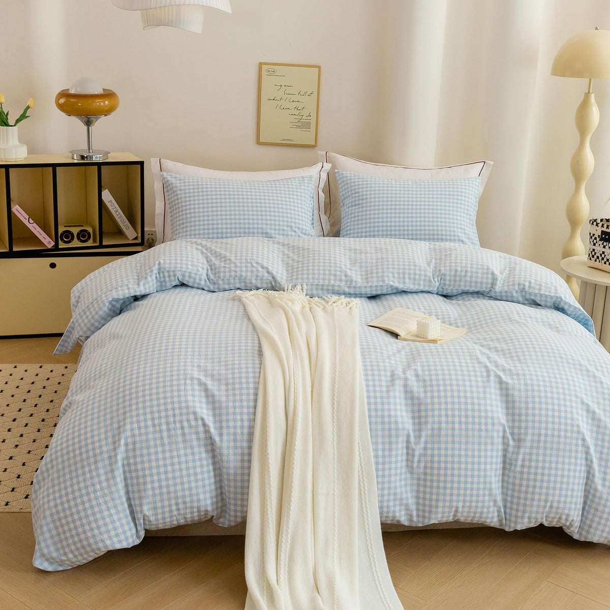 Cotton 3 Pcs Duvet Cover Set Linen Feel Blue Gingham King