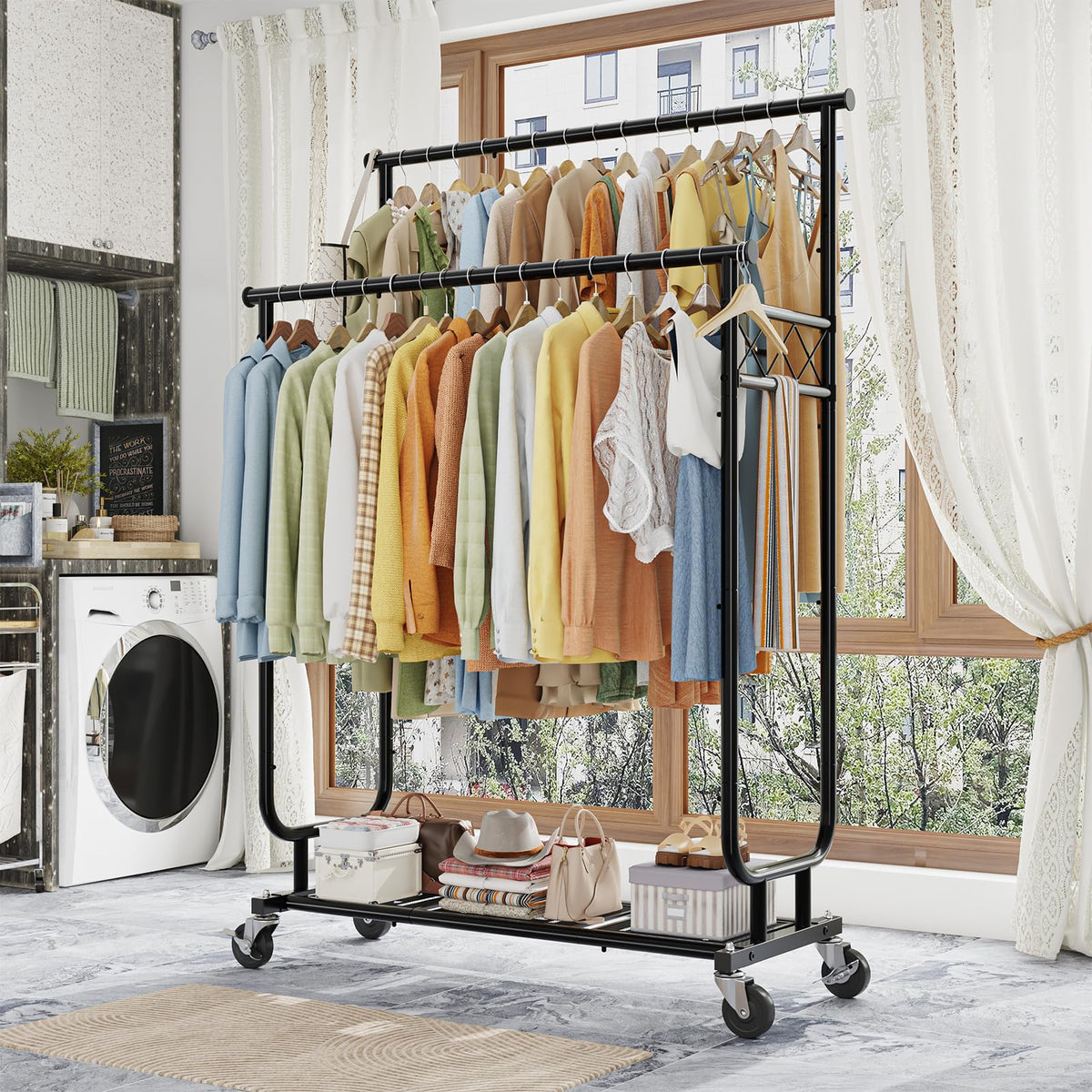 Heavy Duty Clothes Rack, Rolling Clothing Rack With Shelves Load 450 LBS, Double Rod Clothing Racks with Wheels for