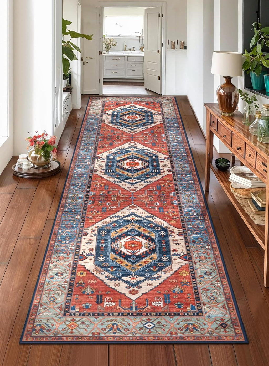 Runner Rug for Hallways, Washable Non Slip Boho Kitchen Runner Rug, Vintage Rust Ultra Soft Print Distressed