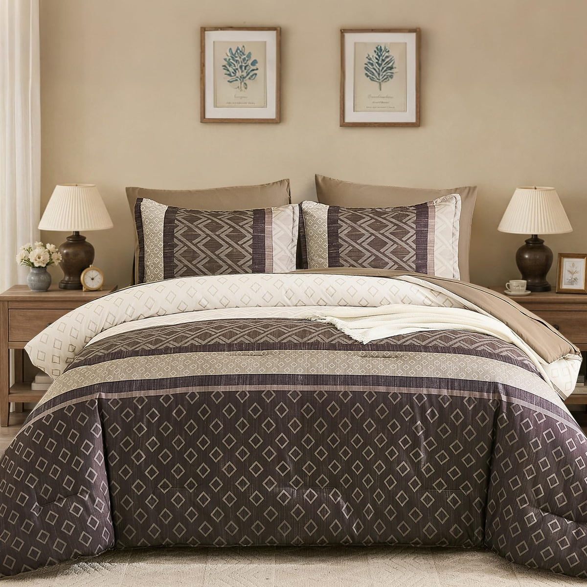 7-Piece Grey Brown Striped Comforter Set, Farmhouse Boho Bedding