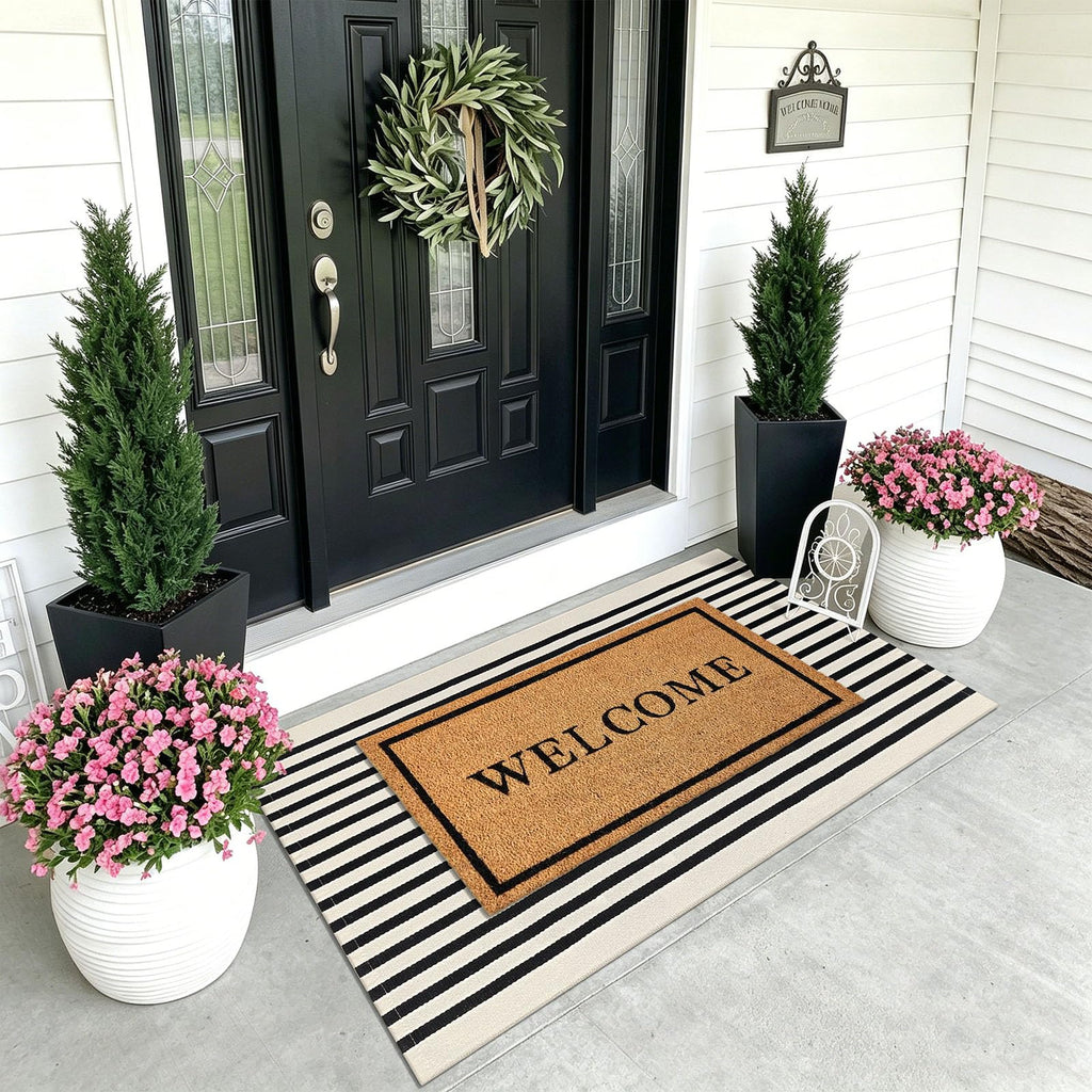 3'x5' Cotton Area Rug, Black and Beige Striped Outdoor Rug, Hand-Woven, Machine Washable, Perfect for Front Door
