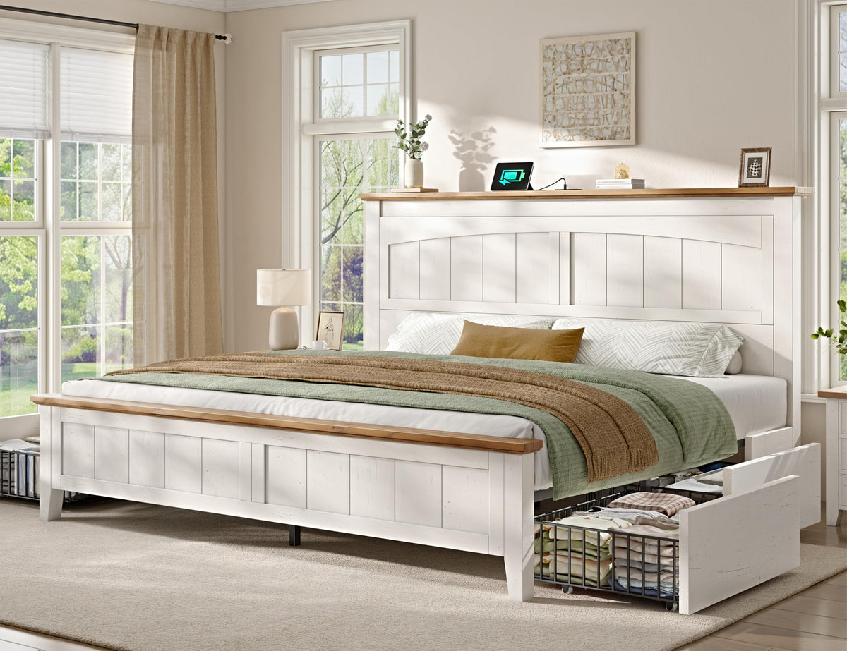 Farmhouse Bed Frame with 50.4" Tall Headboard, Antique White