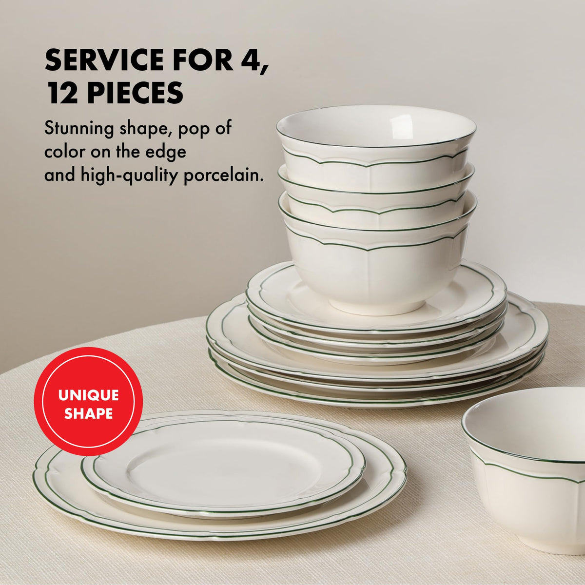 Lagasse Victory 12-Piece Dinnerware Set Porcelain, Plates and Bowls Set, Dishwasher and Microwave Safe, Dish Set for
