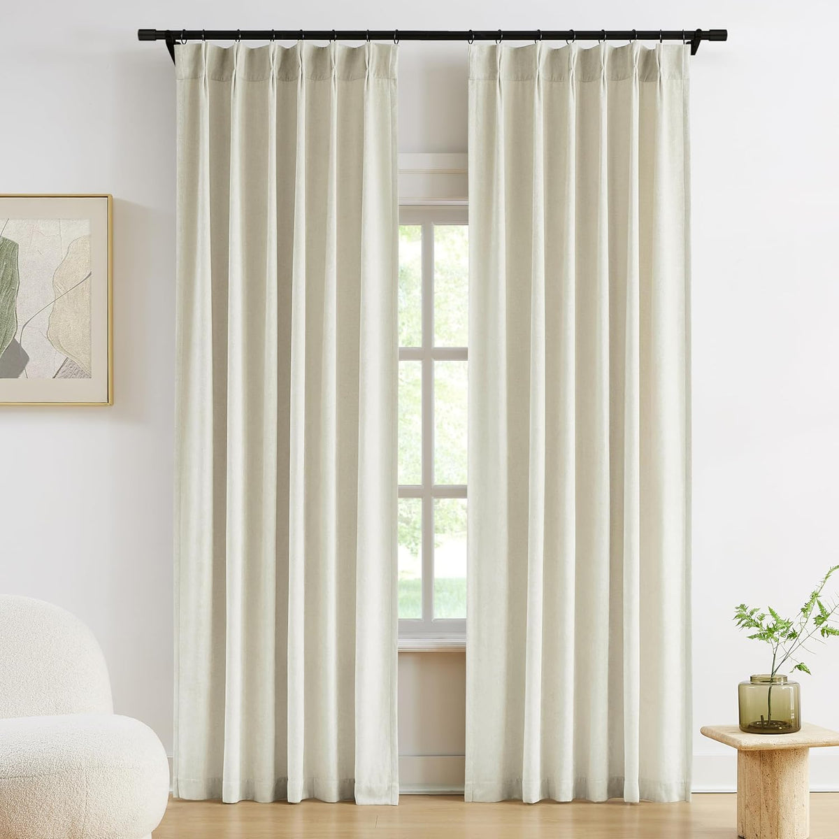 Ivory Beige Pinch Pleated Curtains (Set of 2 Panels) Velvet Chenille Light Filtering Window Curtains for Living Room Bedroom