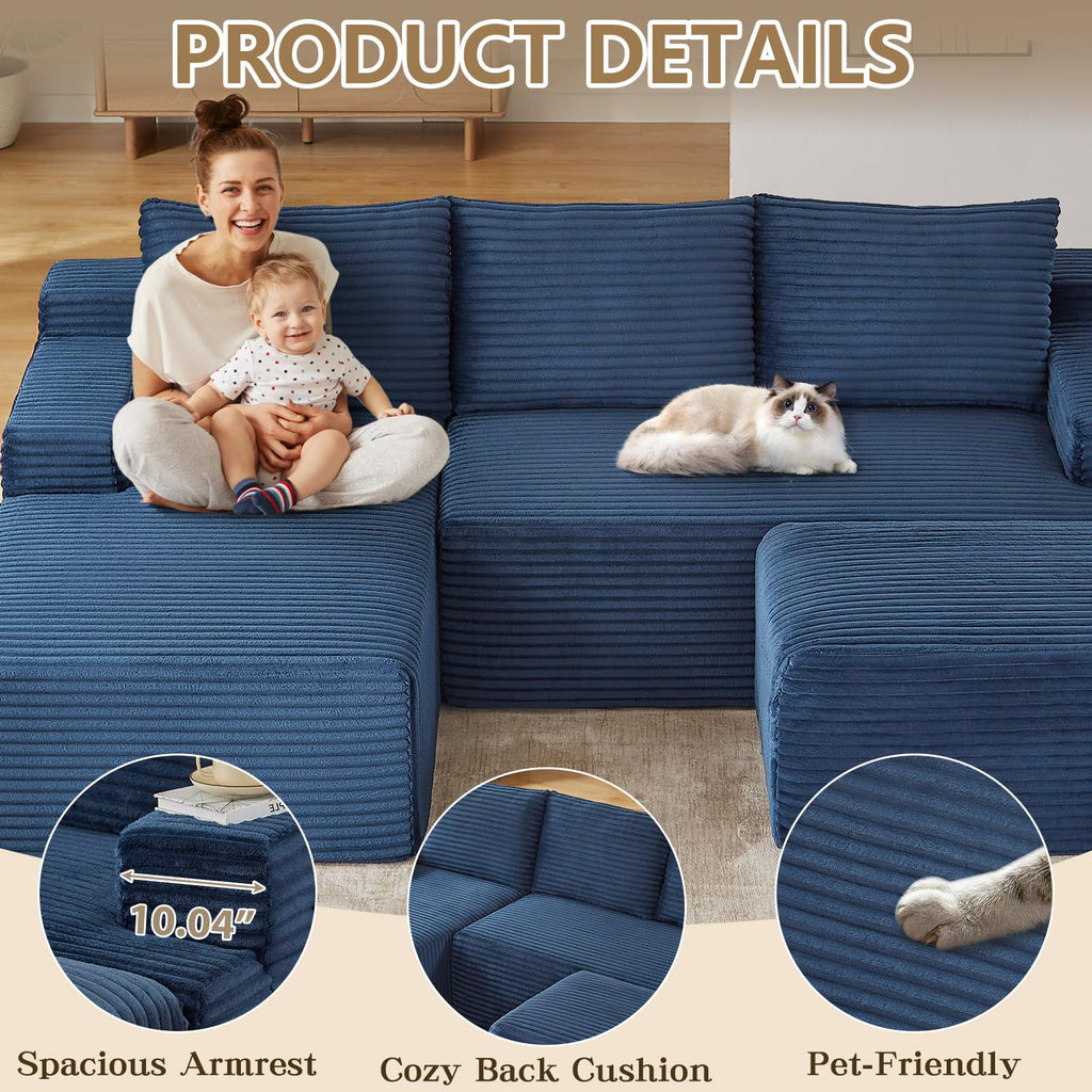 96" Cloud Sectional Couch with U-Shaped Chaise, Corduroy Sectional Sofa with Ottoman, Deep Seat Boneless Couch, No