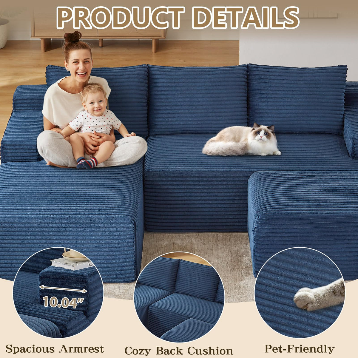 96" Cloud Sectional Couch with U-Shaped Chaise, Corduroy Sectional Sofa with Ottoman, Deep Seat Boneless Couch, No