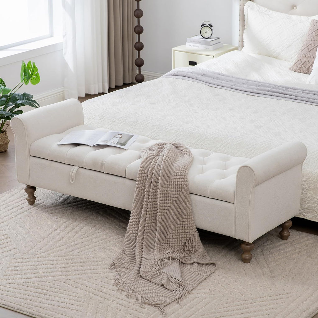 66" End of Bed Storage Bench King Beige,Napped Fabric Window Bench with Dual-Opening Compartments,Long Tufted Storage