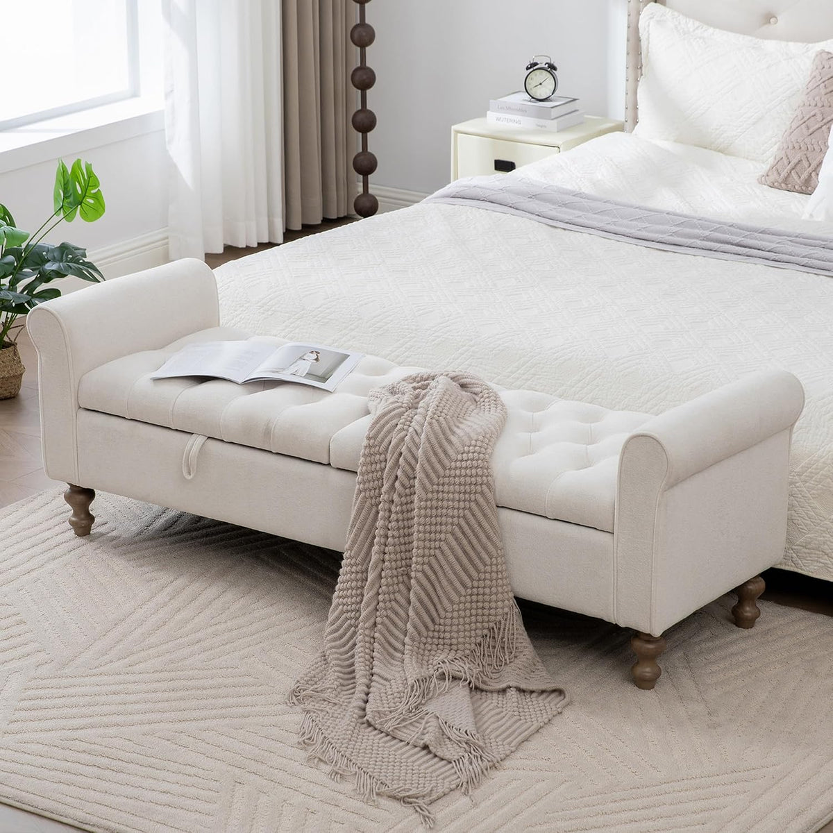 66" End of Bed Storage Bench King Beige,Napped Fabric Window Bench with Dual-Opening Compartments,Long Tufted Storage
