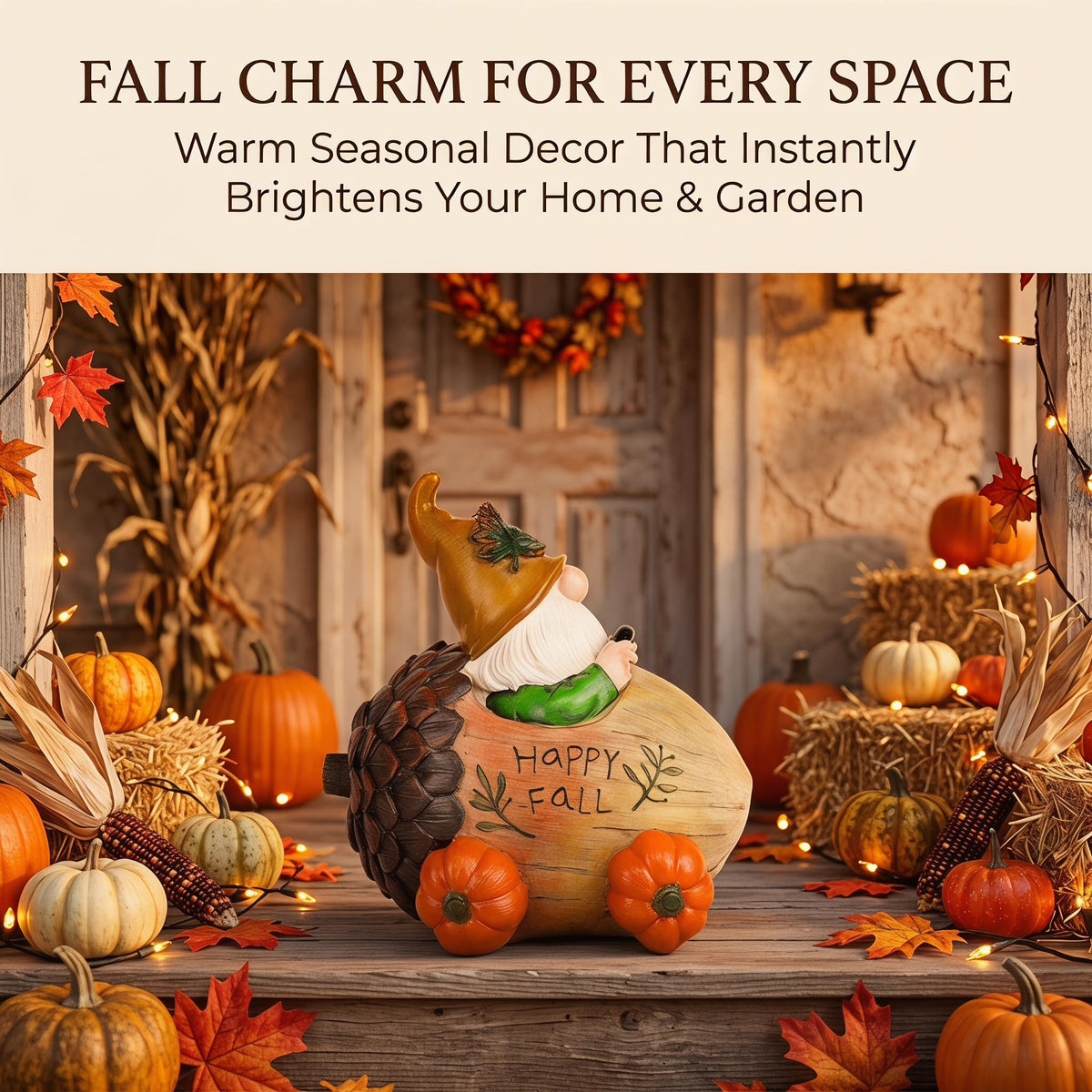 Fall Gnome Figurine with Acorn Car & Pumpkin Wheels, Happy Fall