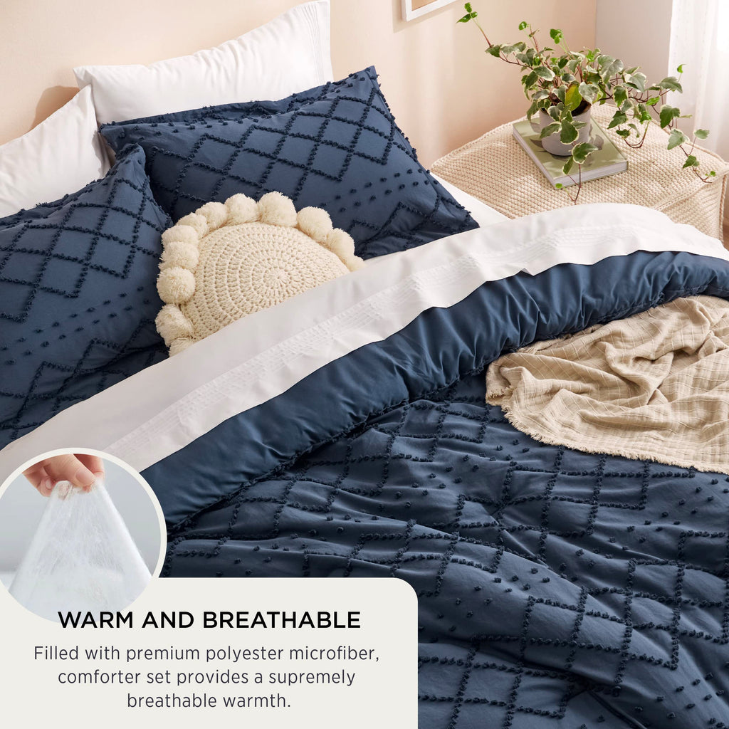 Boho Tufted Navy Comforter Set, Oversized