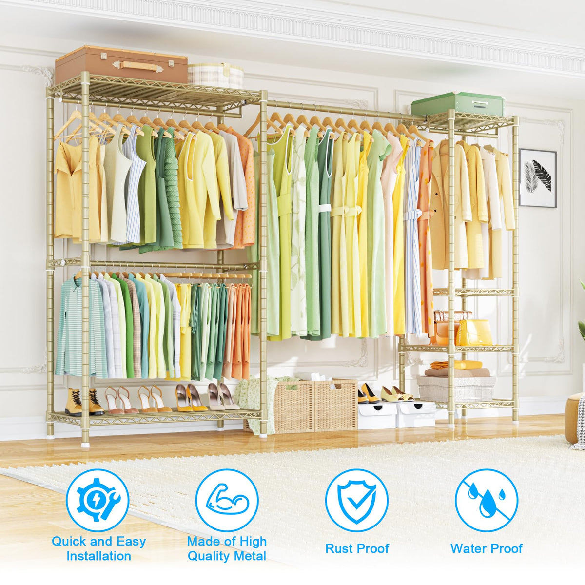 E10 Clothes Rack(With Stretchable Hanger Rod)Freestanding Clothing Racks for Hanging Clothes,Adjustable Closet