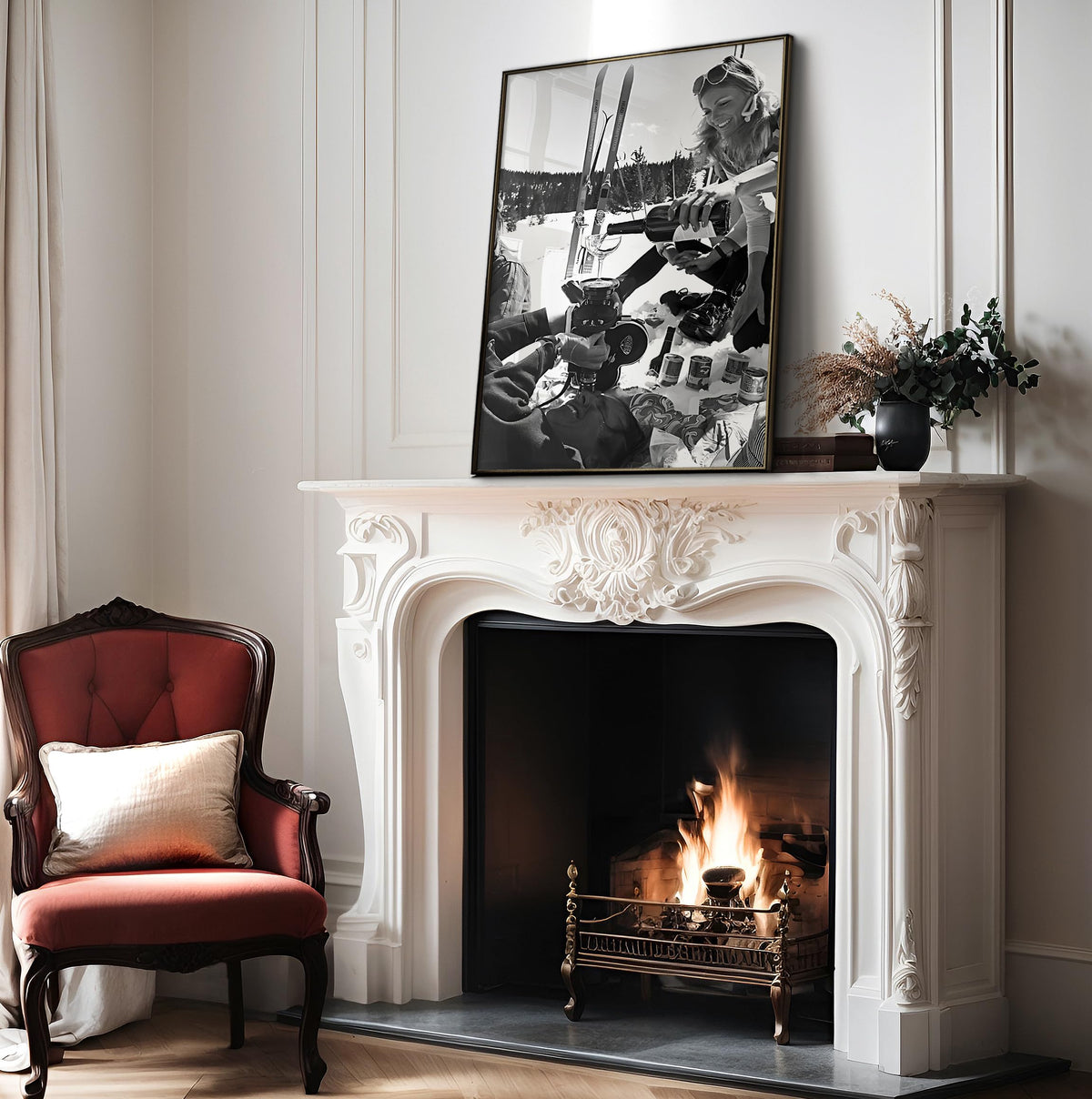 Pouring Champagne Print - Ski Poster - Humorous & Alcohol Illustration - Black and White Wall Design - Winter Snow
