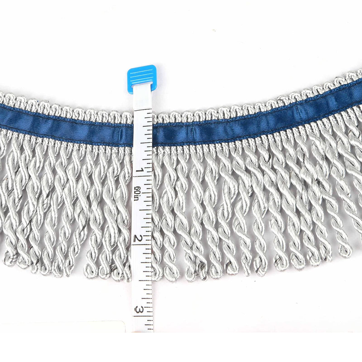 2.5" Wide Bullion Fringe Trim with Blue Ribbon,Silver - 5 Yard