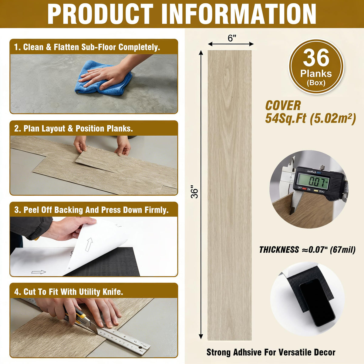 Waterproof Peel and Stick Floor Tile, 54 Sq.Ft Washed Beige Vinyl Flooring