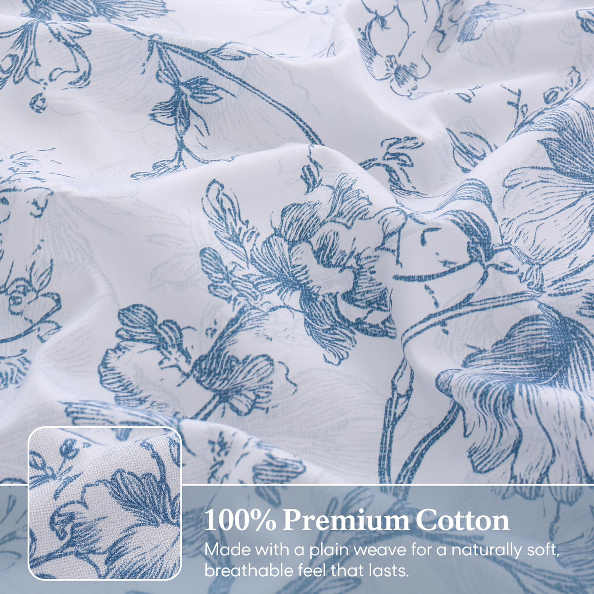 Blue Floral 100% Cotton Duvet Cover, Farmhouse Comforter Cover