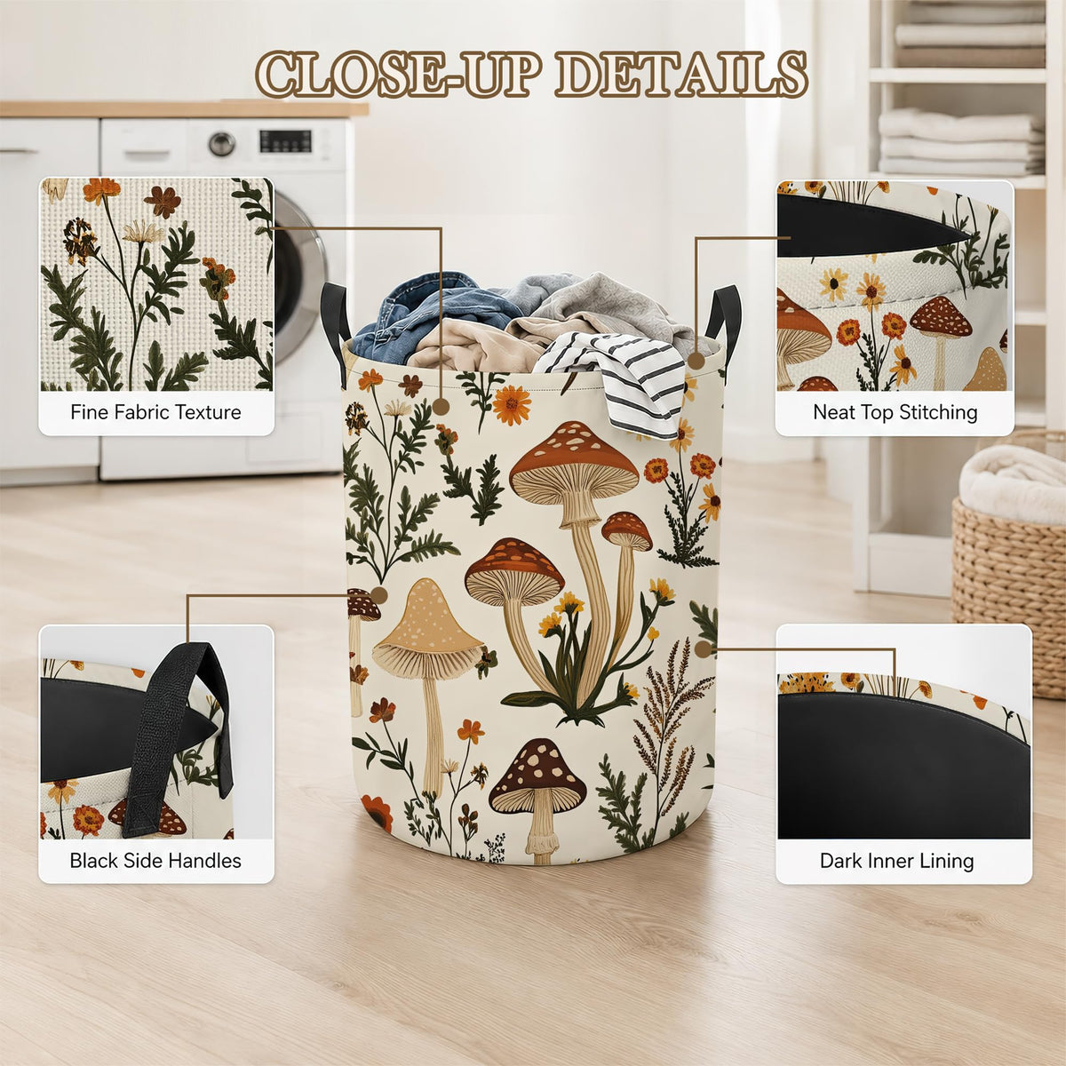 Mushroom Flower Laundry Basket, Foldable Oxford Cloth Botanical Garden Laundry Hamper with Handles, Tote Bag Clothes