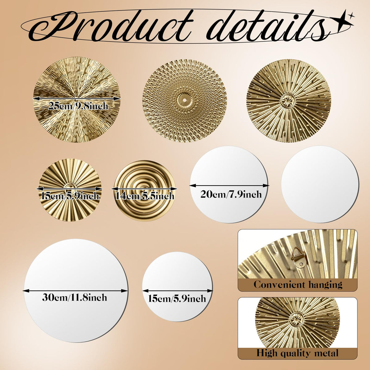 9 Pcs Gold Mirror Wall Decor Metal Round