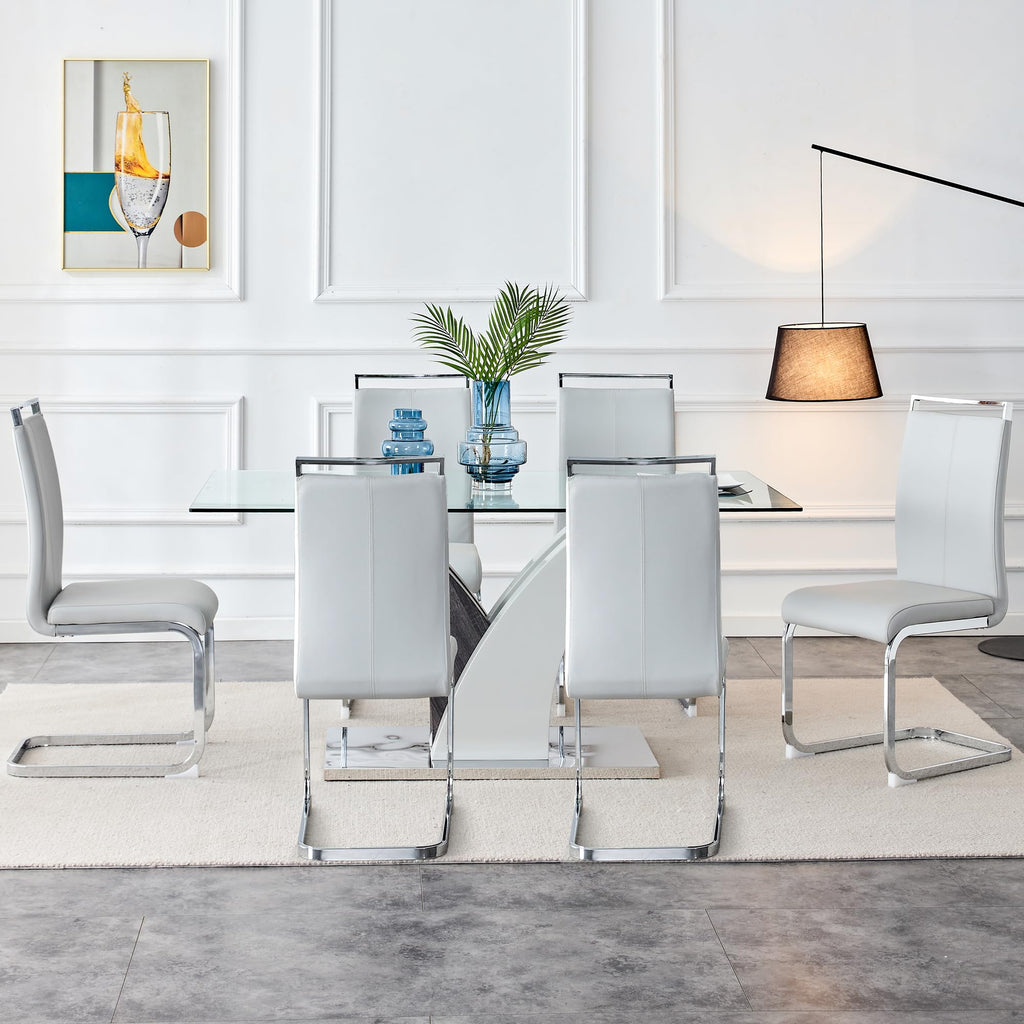 Glass Dining Table Set for 6, Modern 63" Dining Room Table Set for 6