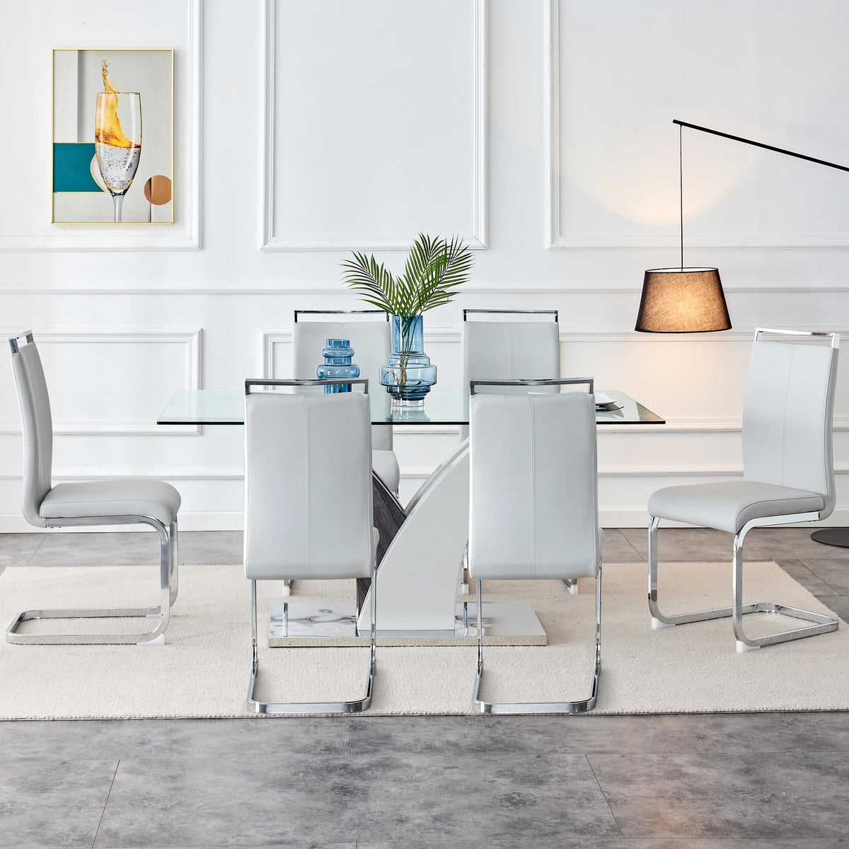 Glass Dining Table Set for 6, Modern 63" Dining Room Table Set for 6
