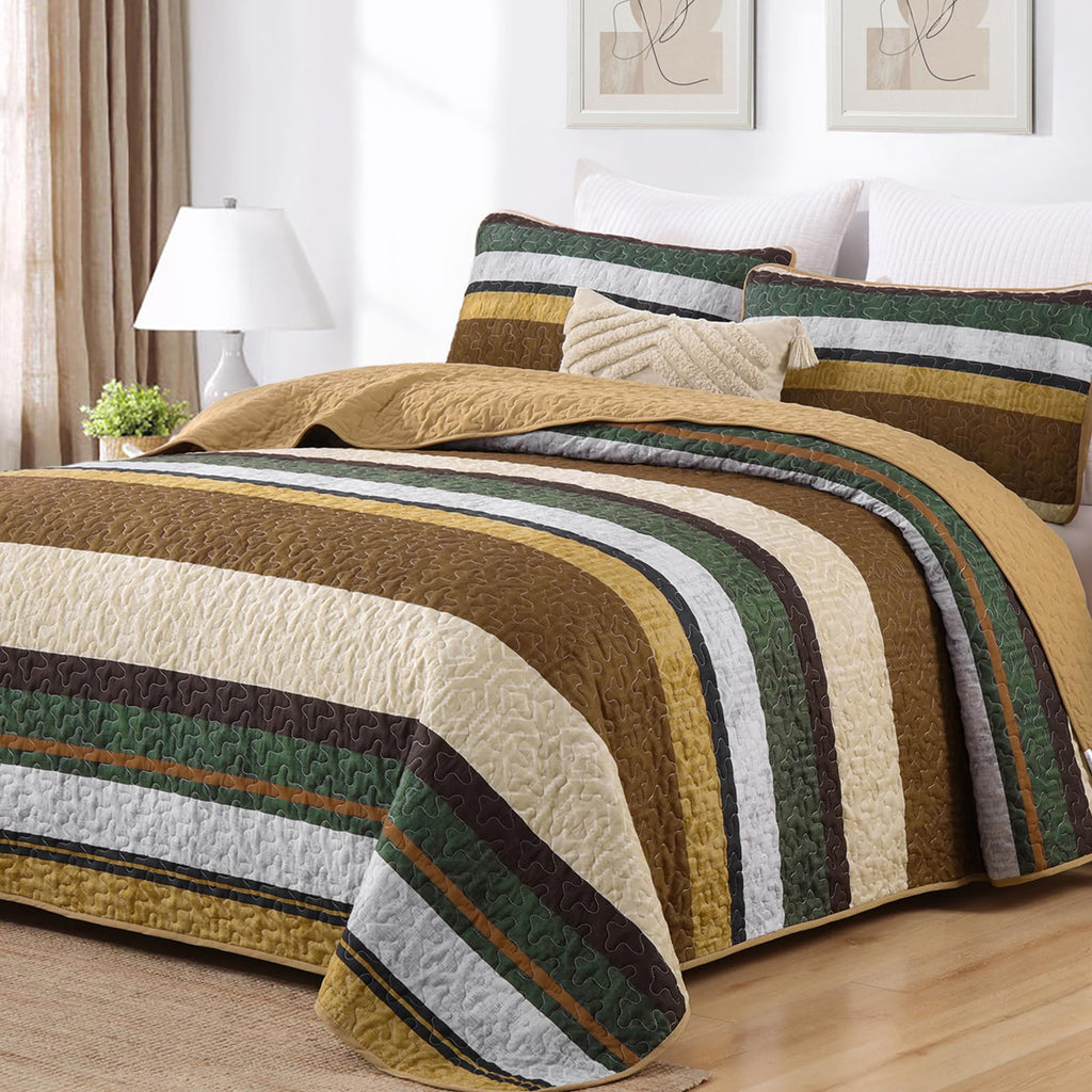Stripe Quilt Bedding Set, Boho Brown Lightweight Bedspread