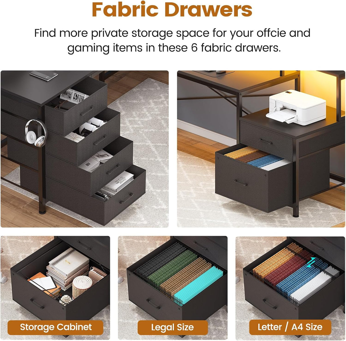 L Shaped Computer Desk with 6 Drawer, File Drawer & Power Outlet | 108" Corner Computer Desk with Monitor Shelf, File