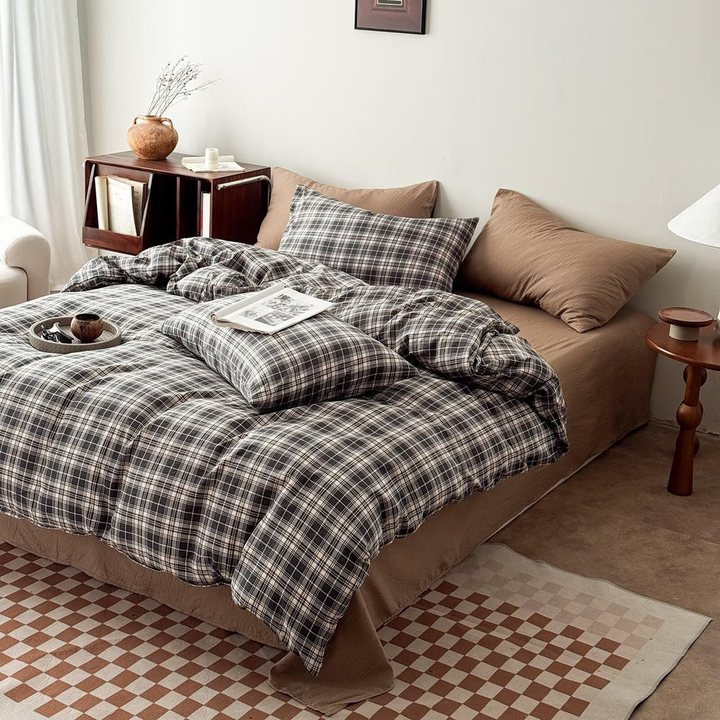 Dark Gray-Black & Beige Buffalo Plaid Duvet Cover Set