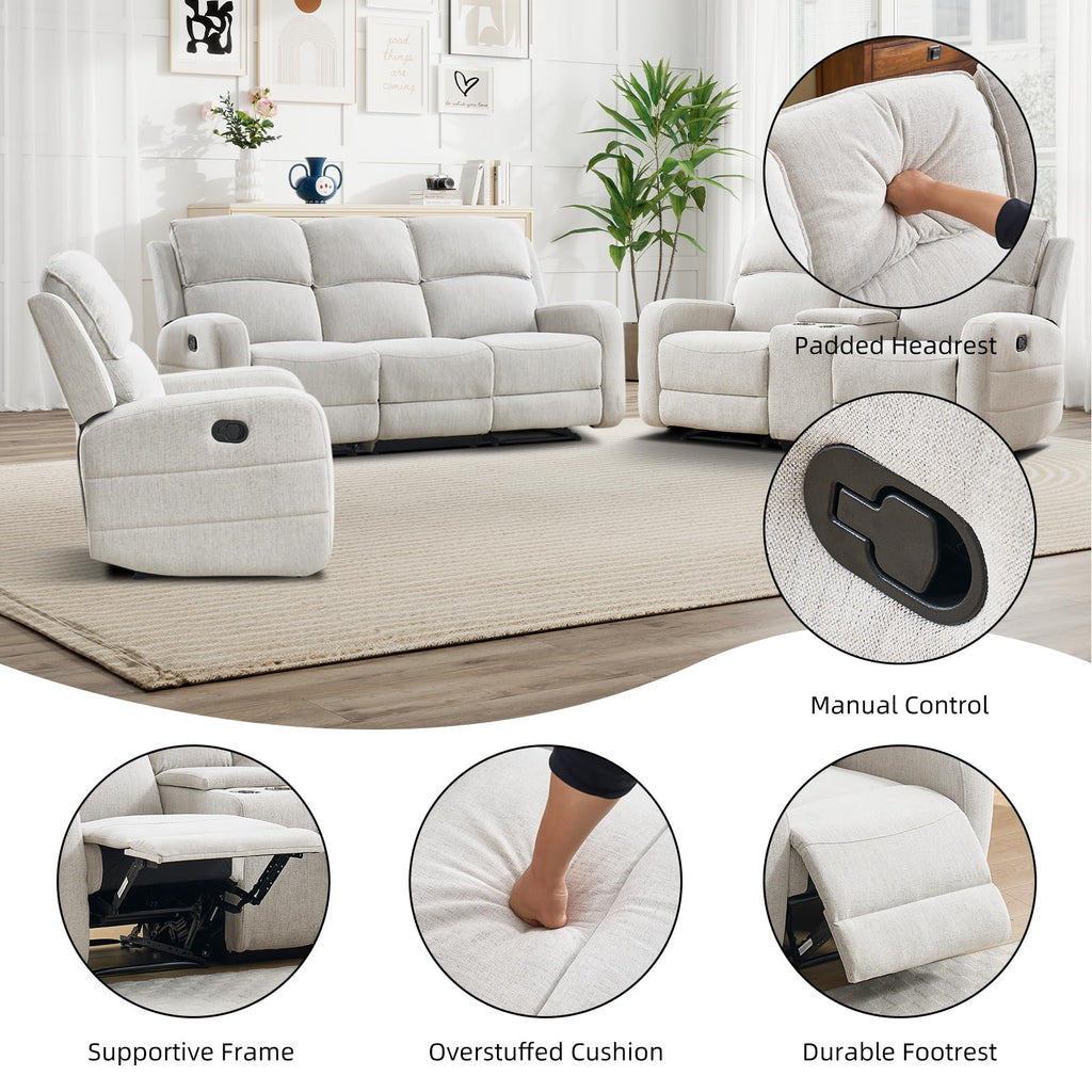 Manual Living Room Furniture Reclining Couch Set, Soft Fabric Recliner Chair and Loveseat Sofa Couch for Meeting