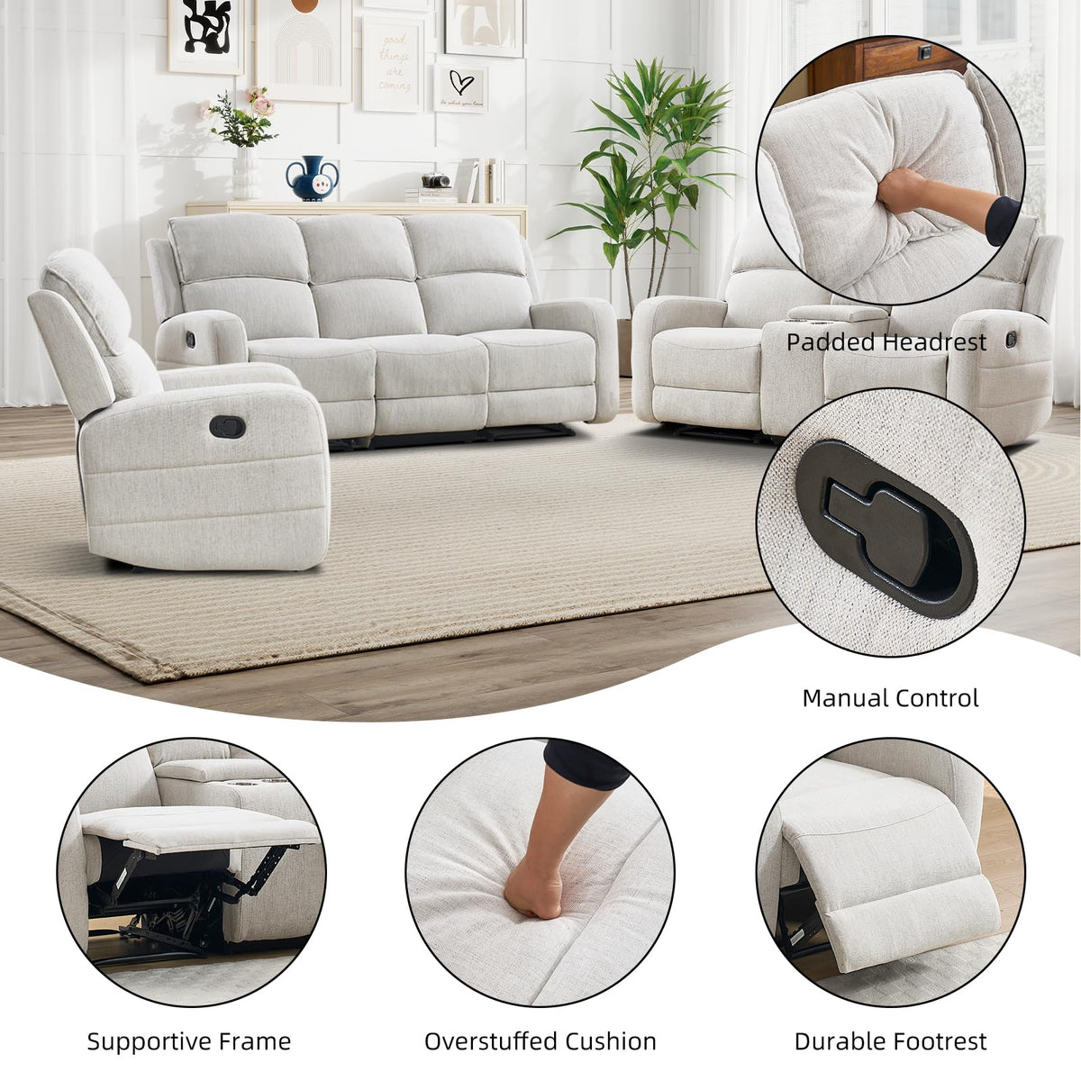 Manual Living Room Furniture Reclining Couch Set, Soft Fabric Recliner Chair and Loveseat Sofa Couch for Meeting