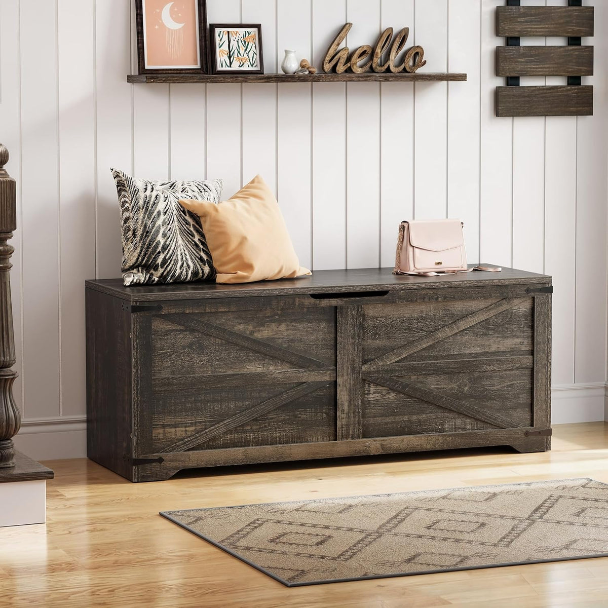 47.2" Farmhouse Storage Bench with Safety Hinges, Dark Rustic Oak