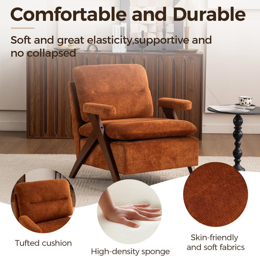 Mid Century Modern Accent Chair, Comfy Solid Wood Armchair with Tufted Fabric Cushion, Cozy Reading Chair & Small