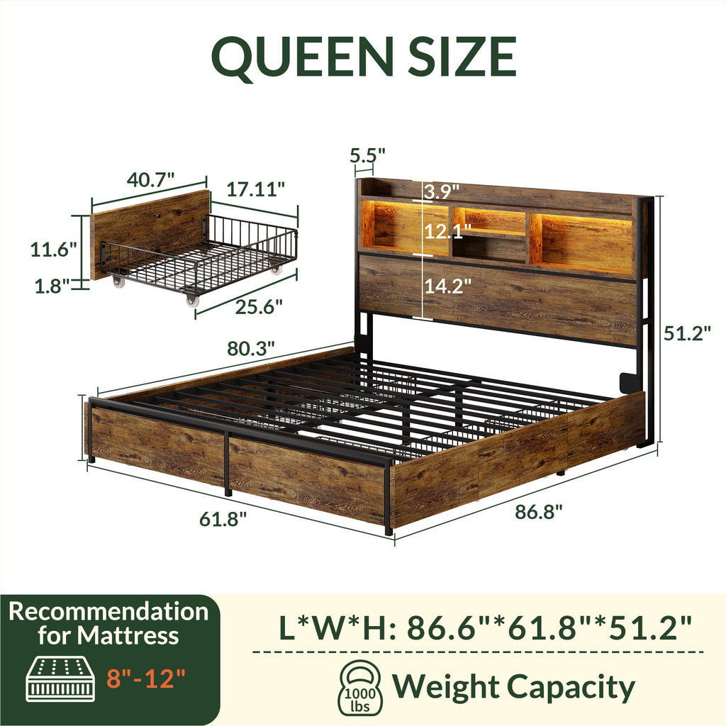 Queen Size Bed Frame with 6 Storage Drawers and Headboard Wooden Platform Bed Frame with LED Lights and Charging