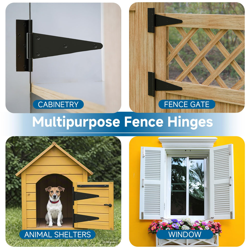 10 Inch T-Strap Gate Hinges, Heavy Duty Black Barn Door Hinges, 4 Pack