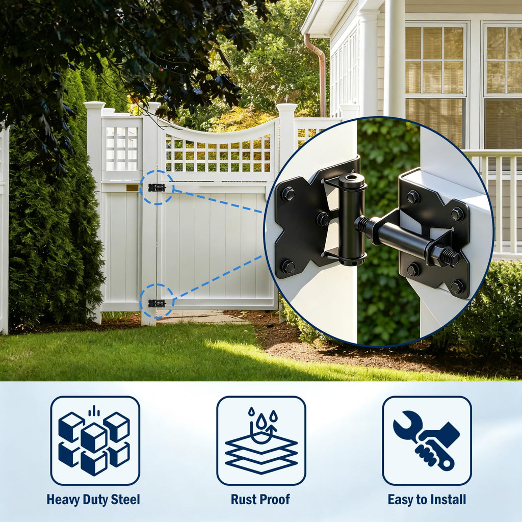 Adjustable Self-Closing Gate Hinges, Heavy Duty Vinyl Wood Fence Gate Hinges, Self Close Gate Hardware Kit for Wooden