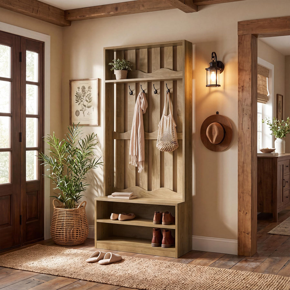 Farmhouse Hall Tree with Bench and Shoe Storage, Rustic Brown